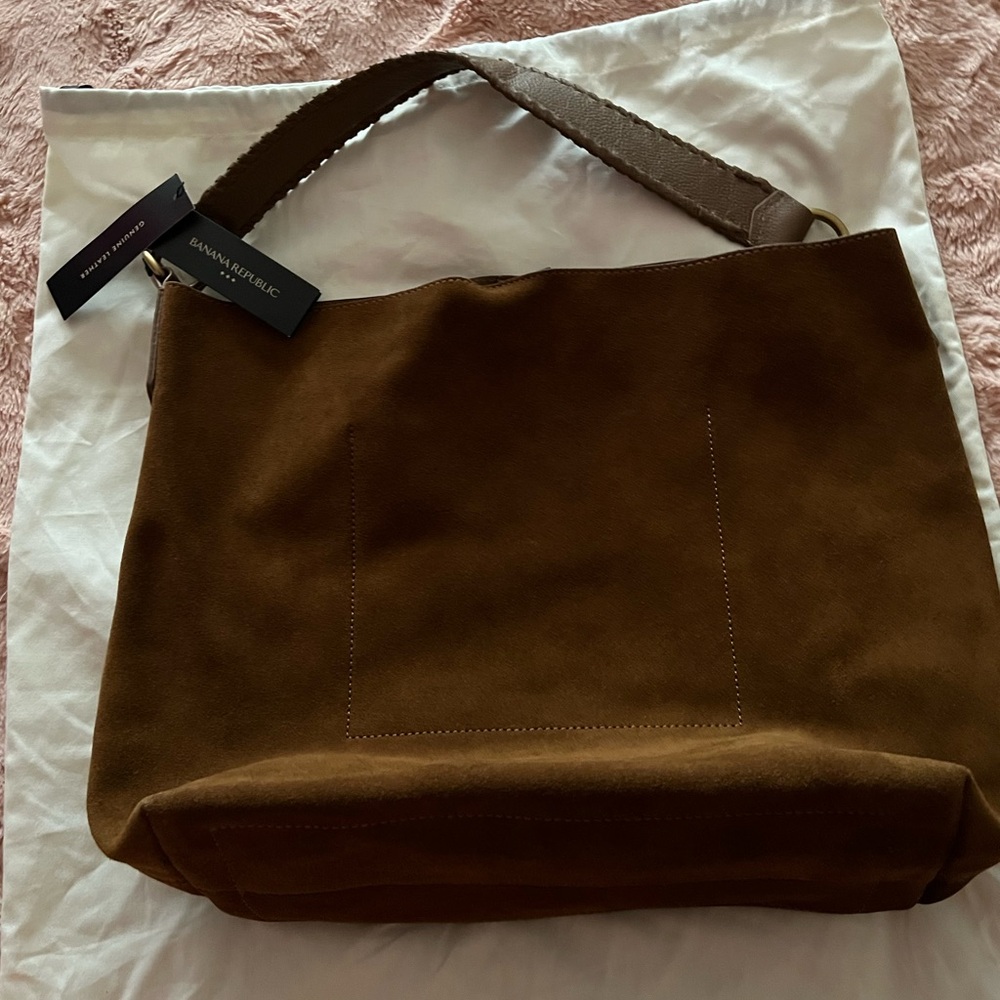 Banana Republic cognac brown suede leather bucket bag tote NEW, With Storage Bag